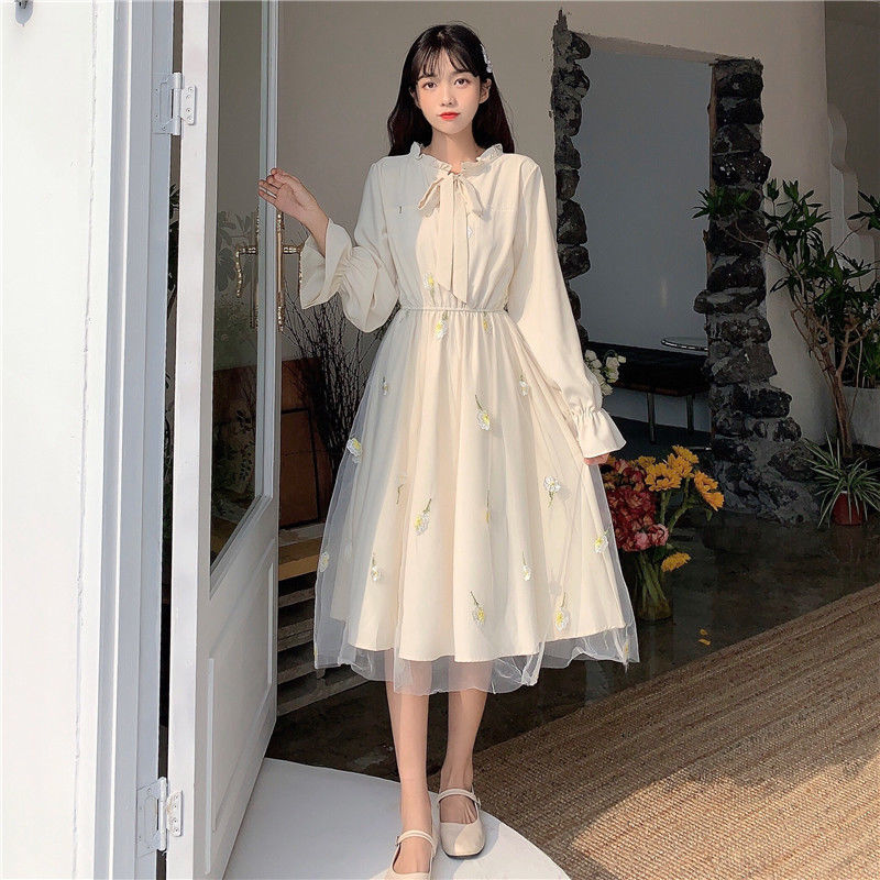 Kukombo Spring College Chiffon Long Sleeve Fairy Dress Party Green Dre