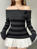 Kukombo Off Shoulder Slim Knitted Stripe Jumper Women Lace-Up Slash Neck Long Sleeve Sweater Tee Korean Fashion Street Knittwear