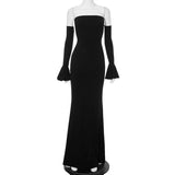 Kukombo Women's Sexy Backless Long Dress Solid High Waist Slim Strapless Ruffle Sleeve Dress Elegant Luxurious Evening Dress