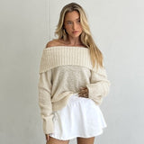 Kukombo One Shoulder Knitted Sweater Women's Sexy Slim Long Sleeve Solid Pullover Top Loose Casual Chic Autumn Street Sweater