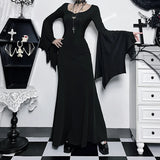 Kukombo Outfit Women's Gothic Addams Family Bat Sleeve Mermaid Dress