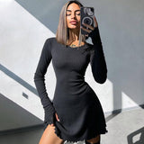 Kukombo Fashion Lace Up Long Sleeve Mini Dress Women's Summer Solid Color Slim Dress Pullover Streetwear Casual Mini Dress Y2k