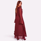 Kukombo Ruffled Mesh Maxi Dress Women's Red V-Neck Long Sleeve Elegant Maxi Skirt High Waist Vintage Patchwork Robe Party Dress