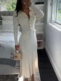 Kukombo Spring Outfits Elegant Knit Maxi Party Dress Women Slim Lapel Single Breasted Pockets Long Sleeve Dresses 2025 Spring Lady Casual Solid Robes