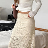 Kukombo Elegant Lace See-through Long Skirt Women's Sexy Patchwork Skirt Solid Casual Loose High Waist Slim Retro Long Skirt Y2k