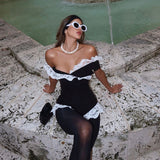 Kukombo Black Lace  Jumpsuit Women's Sexy Off Shoulder Lace High Waist Slim Bodysuit Sleeveless Bodycon Party Female Outfits Y2k