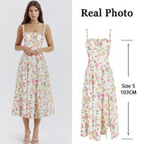 Kukombo Outfit Women's Summer Floral Print Dresses Sweet Elegant Midi Holiday Dress Casual Slit Blue Lace Up Dresses 2023