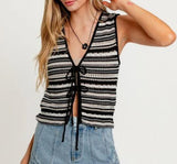 Kukombo Women’s Y2K V Neck Knit Vest Casual Sleeveless Stripes Print Tie-up Front Tank Tops 90s Vintage Summer Sweater Vest