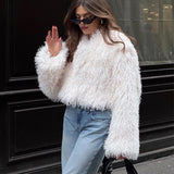 Kukombo Spring Outfits White Tassels Faux Fur Coat Women Elegant Lapel Long Sleeves Front Open Warm Jacket Winter Chic Lady New In Outerwears