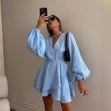 Kukombo Ruffle V Neck Long Sleeve Mini Dress Women's Fashion Sexy Loose Dress Elegant Ruffle High Waist Casual Slim Party Dress