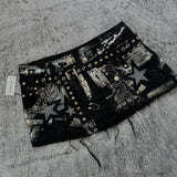 Kukombo Outfit Y2k Gothic Shorts Vintage Women Hole Rivet Rhinestones Hip Hop Emo Girl Tassels Anime Pants Sexy Summer Hot Denim Mini Shorts