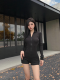 Kukombo Outfit Bodysuits Women Clothing High Collar Sexy Streetwear Overalls Punk Zipper Long sleeves Casual Jumpsuits Gothic Femme Y2k Shorts