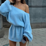 Kukombo Female V-neck Imitation Mink Sweater Fall Sexy Off-Shoulder Loose Sweater Dress Solid Casual Pullover Street Knitted Top