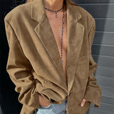 Kukombo Spring Outfits Office Lady Blazer Coat Fashion Brown Single Breasted Suede Female Jackets Vintage Autumn Long Sleeve Turn-down Collar Outwear