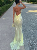 Kukombo Spring Outfits Women Sexy Backless Sequins Dress V-neck Sling Maxi Gown High Waisted Slim Maxi Dresses New Chic Lady Party Evening Robes