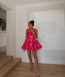 Kukombo Homecoming Dress Party Outfits Cute Mini 17th Birthday Dresses Hot Pink Satin Birthday Outfit P424