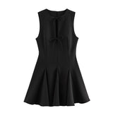 Kukombo Spring Outfits Vintage Women Bowknot Mini Dresses Solid Sleeveless Hollow Out Pleated Short Dress 2025 Spring Summer New Female Commuter Robes