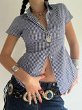 Kukombo American Retro Casual Short Sleeve Plaid Shirts For Women Button Up Turn Down Collar Summer Spring Preppy Tops