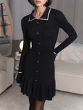 Kukombo outfit Winter Knitted Dress Long Sleeve Black Turn-down Collar Slim Dress Single Breasted Autumn Elegant Dress Streetwear