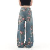 Kukombo American Retro Floral Print Jeans Fashionable Street Loose Wide-leg Jeans Baggy Jeans Trendy High Street Loose Trousers ootd outfit idea