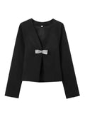 Kukombo Outfit Elegant Women 3d Bow Long Sleeves Coat Mini Skirt Suits Chic V Neck Slim Crop Tops Hip Wrap Skirts Set Sexy Lady Street Outfits