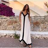 Kukombo Spring Outfits Fashion Contrast Spliced  Maxi Dress Women Elegant V Neck Sleeveless Backless Beach Long Dresses 2025 New Lady Holiday Vestidos