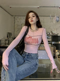 Kukombo Outfit Pink T Shirt Streetwear Women Clothes Cartoon printing Tees Femme Harajuku Long sleeves Aesthetic Tops Punk Sweet Girl T Shirts