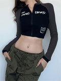 Kukombo Black Long Sleeve Moto Crop Top with Zip