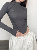 Kukombo Grey Cyberpunk Long Sleeve Seamed Crop Top