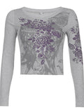 Kukombo Grey Long Sleeve Crop Top with Floral Rhinestones