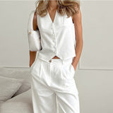 Kukombo White High Waisted Vest Pants Suit 2 Piece Women's Casual Vest Pants Suit Sleeveless Top Loose Slim Women's Pants Suit