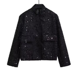 Kukombo Outfit Women's Sequined Bomber Jacket Fall O Neck Long Sleeve Pocket Stretch Hem Sequins Jacket Coat Female Chic Outerwear