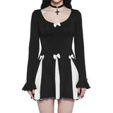 Kukombo Bow Patchwork Short Dress Women's Round Neck Long Sleeve High Waist Party Dress Elegant Slim Pleated A-Line Dress Female