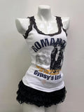 Kukombo Goth Sling T-shirt Sexy Lace Letter Print Y2k Slim Crop Top Woman Punk Clothing Sleeveless Vintage 90s Sweet Harajuku Aesthetics ootd