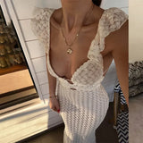 Kukombo V-neck Knitted Hollow Long Dress Women's Sexy Sleeveless Evening Dress Fashion Slim High Waist Summer Elegant Long Dress