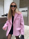 Kukombo Outfit Fashion Pink Woolen Jacket Women Winter V Neck Mohair Buttons Single Breasted Pockets Coat Ladies Office Street Casual Outerwear