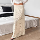 Kukombo Elegant Lace See-through Long Skirt Women's Sexy Patchwork Skirt Solid Casual Loose High Waist Slim Retro Long Skirt Y2k