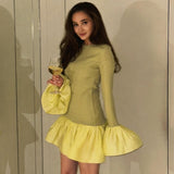 Kukombo Elegant Knitted Mini Dress Women's High Street Long Sleeve Pullover A-Line Short Dress Retro Luxury Party Evening Dress