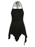 Kukombo Backless Halter Lace Up Sexy Boho Asymmetrical Short Dress For Women Sleeveless Skinny A Line Rave Baddie Vacation Outfits