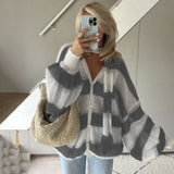 Kukombo Women's Sweater Cardigan Autumn V-neck Scarf Knitted Sweater Loose Warm Casual Single-Breasted Striped Cardigan Sweater