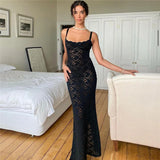 Kukombo Outfit Sexy Lace Maxi Dress Women Sleeveless Hollow Out See Through Black Bodycon Long Dresses Streetwear Elegant Party Evening Robes