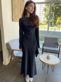 Kukombo Elegant Satin Slim Long Dress Women's Fashion Long Sleeve High Waist Party Dress Solid Color Pullover Sexy Long Dress