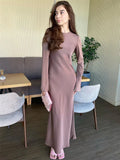 Kukombo Elegant Satin Slim Long Dress Women's Fashion Long Sleeve High Waist Party Dress Solid Color Pullover Sexy Long Dress