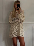 Kukombo Summer Knitted Hollow Mini Dress Women's Fashion Beach Vacation Dress See-through Loose Patchwork Knitted Mini Dress