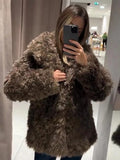 Kukombo Spring Outfits Fashion Lamb Wool Coats Women Brown Lapel Long Sleeve Cozy Overcoat Female Autumn Winter New Loose Warm Commuter Outwears