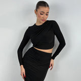 Kukombo O Neck Long Sleeve Bandage Crop Top Long Skirt Women'S Sets Elegant Evening Party Korean Ladies Sets Winter Casual ClotheChristmas Gifts