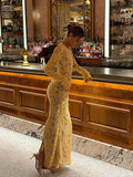 Kukombo Spring Outfits Sexy Lace Mesh Maxi Dress Women Deep V Neck Long Sleeve Party Dresses Yellow Slim Evening Robes 2025 New Lady Club Streetwears