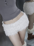 Kukombo Faux Fur Solid Knitted Women’s Short Chic Y2K Skinny Simple Low Waist Autumn Winter Design Basic Pants