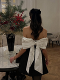 Kukombo Outfit Women Black White Back Trailing Bow Tie Dress Sexy Off Shoulder Backelsss Sleeveless Short Robe Female Elegant Party Gown