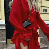 Kukombo Red Ruffled Long Dress Women's Elegant V-Neck Casual Slit Long Sleeve Patchwork Dress Ladies Autumn High Waist Y2k Dress